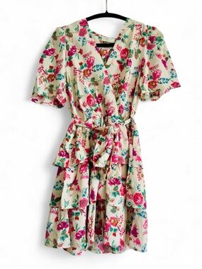 Flamant Rose Cream Pink Floral Tiered Ruffle Wrap Mini Dress Size Small NWT